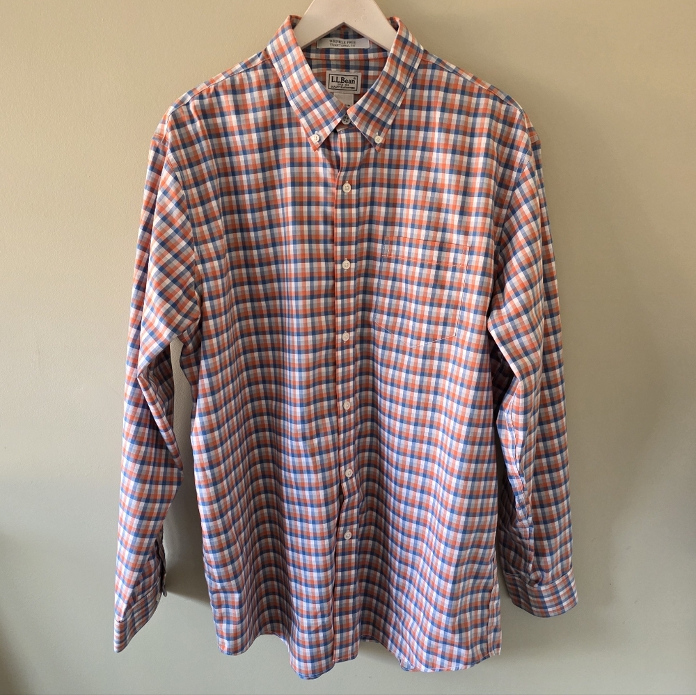 NWOT L.L. Bean L Reg Gingham Wrinkle Free Button Down Shirt Preppy Heritage